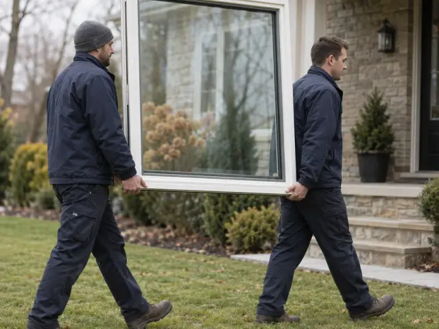 Two installers carrying a window unit upright across a lawn