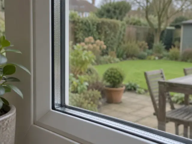 A sound double glazed pane, clear, with the garden visible through it