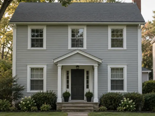 The front elevation of a two storey suburban house with six windows