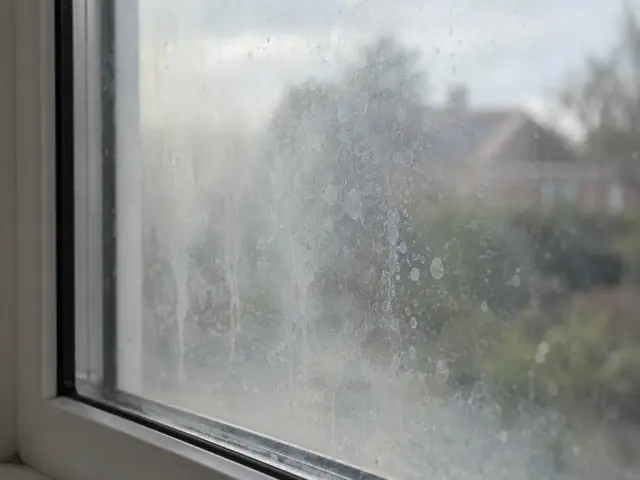 A double glazed pane with haze trapped between the sheets of glass