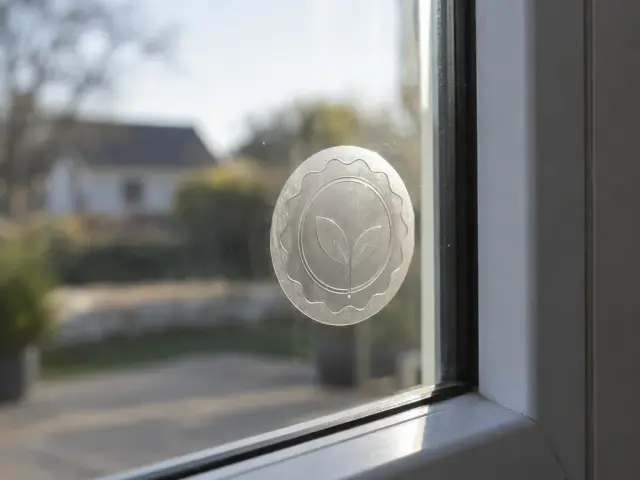 A certification label on the glass of a new window