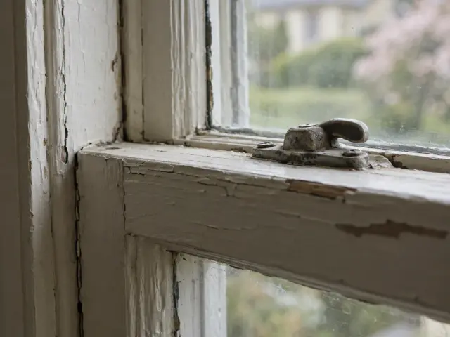 An old painted wooden window sash with thick layers of paint