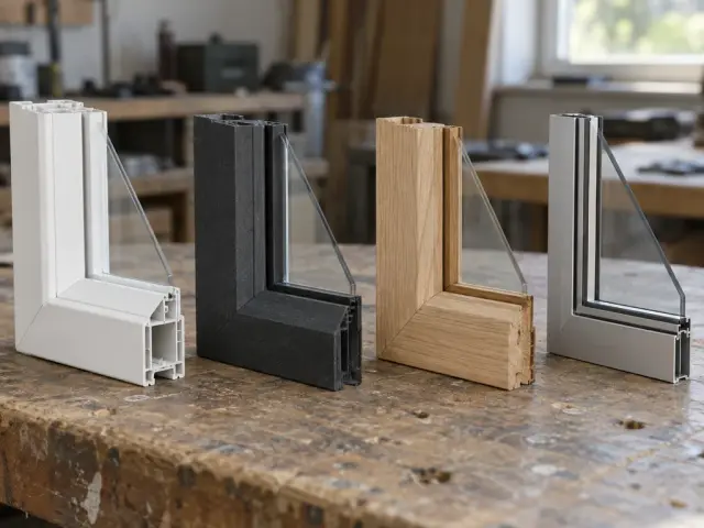 Four cut samples of window frame corners side by side