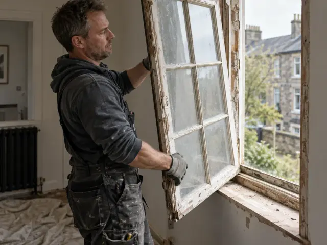 An old wooden sash being lifted out of an opening