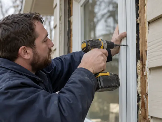 An installer pressing a new window unit into an opening and fastening it
