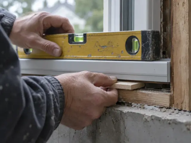 Hands setting a shim under a new window and checking it with a level