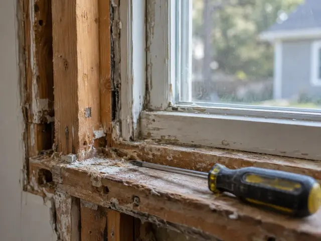 A window sill with the interior trim removed, bare framing visible