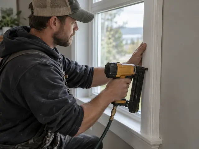 An installer fitting new interior trim around a finished window