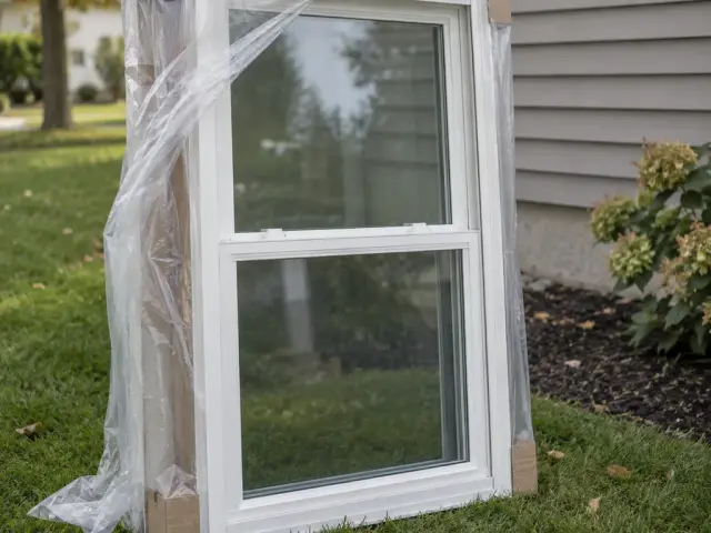 A new window unit standing wrapped on a lawn beside a house