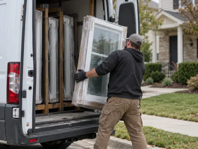 A work van with wrapped window units being unloaded
