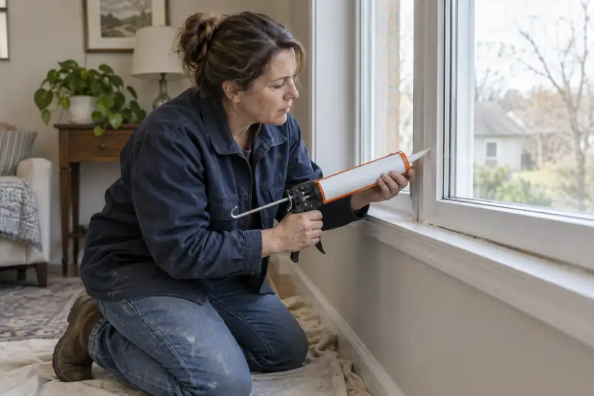 An installer running sealant along a window frame indoors