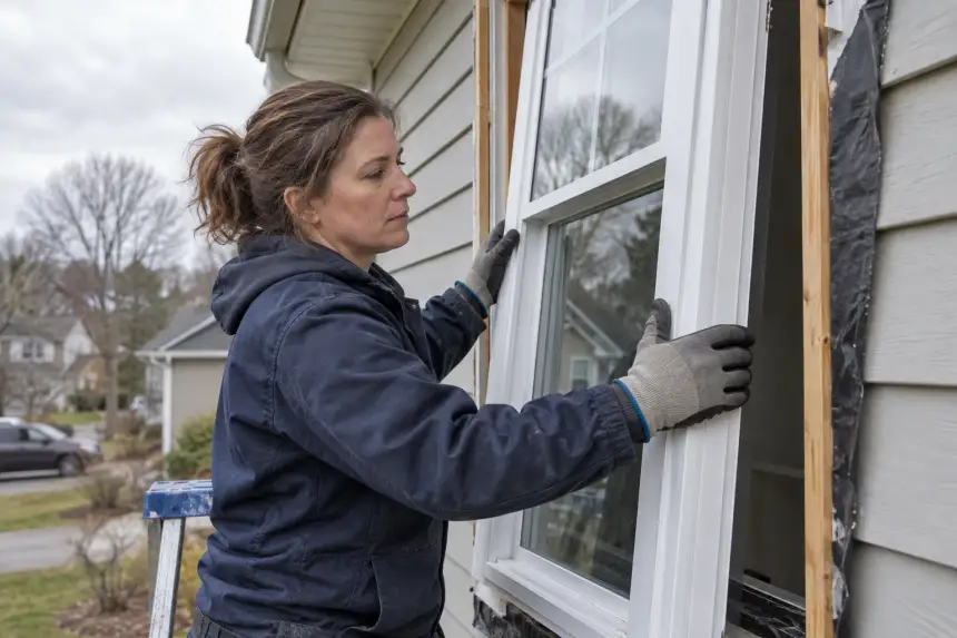 An installer setting a new window unit into an opening